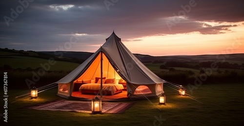 Luxury Tent Camping in Nature with Sun and Beautiful Landscape Outdoors