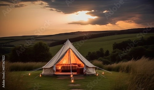 Luxury Tent Camping in Nature with Sun and Beautiful Landscape Outdoors