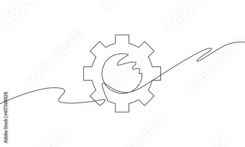 Continuous line drawing of moving gear. Illustration vector of cog wheel. Technology icon. Object one line. Single line art