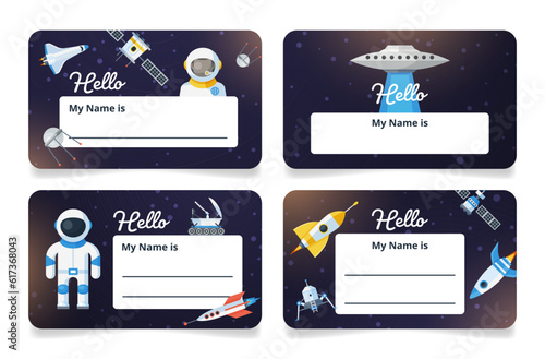 Childish name tags space astronaut cosmos travel with place for text set vector illustration