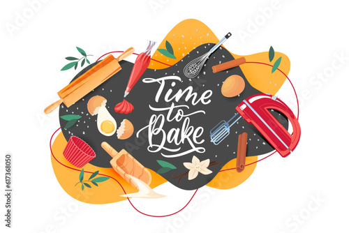 Time to bake lettering, bakery tools banner, label design template. Vector flat illustration. Dessert recipes concept