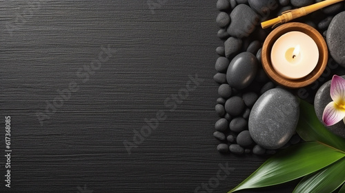 Zen stones and tropical leaf on dark background, top view with space for text. Ai Generative