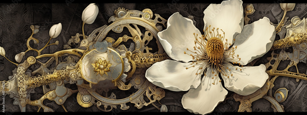 floral, vintage background, flover, products, enginer, generative, ai, steampunk, background, clockwork, brooch, jewelry, wight