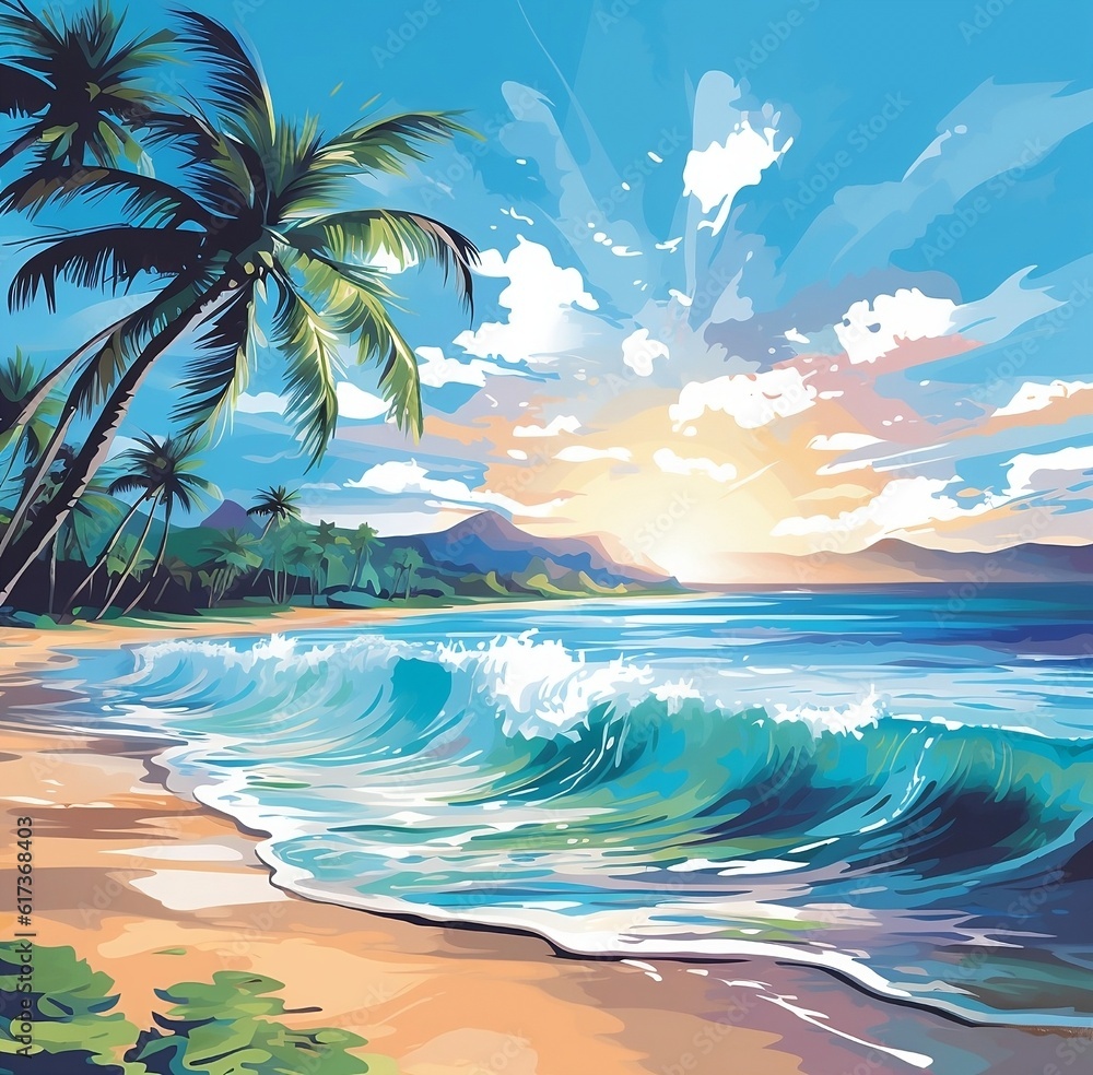 Naklejka premium tropical island with palm trees Embrace the Vibrant Splendor of Summer: AI-Generated Visuals that Capture the Essence of the Season