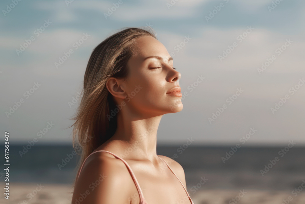 Close up of beautiful girl breathing on the beach. AI Generative Close up of beautiful girl breathing on the beach. AI Generative