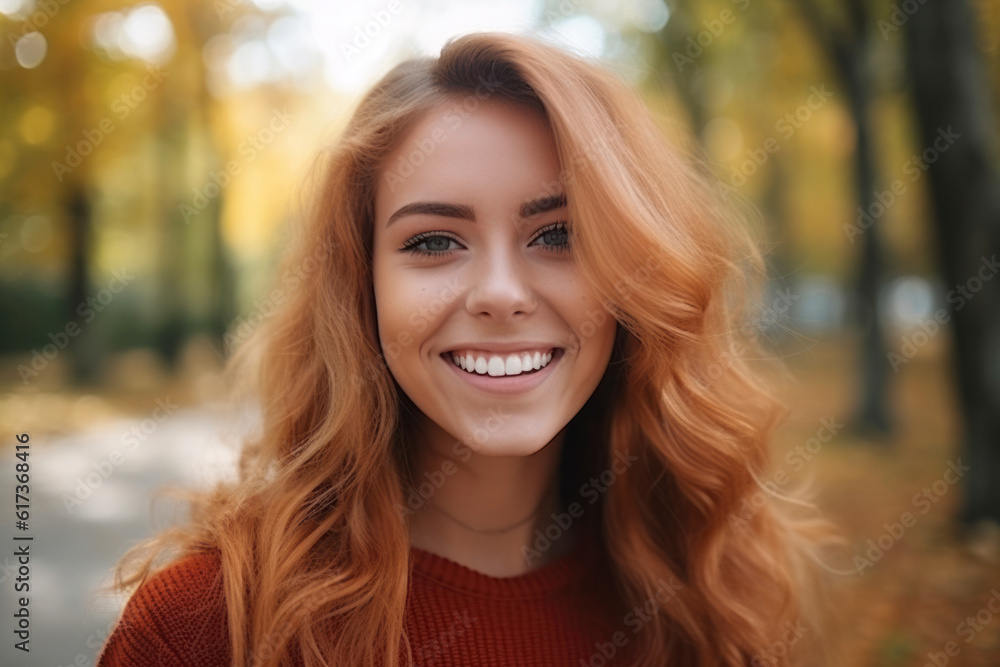 Young blonde woman smiling at the park. AI Generative Young blonde woman smiling at the park. AI Generative