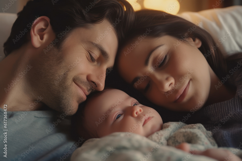 Young white couple relaxing at home with their baby. AI Generative Young white couple relaxing at home with their baby. AI Generative
