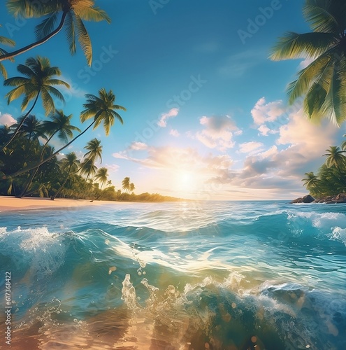 beach with palm tree Embrace the Vibrant Splendor of Summer: AI-Generated Visuals that Capture the Essence of the Season