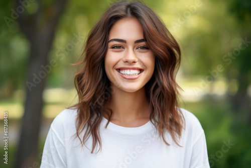 Young blonde woman smiling at the park. AI Generative