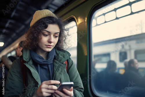 A Young woman standing on the platform of a train station consulting the mobile phone. AI Generative