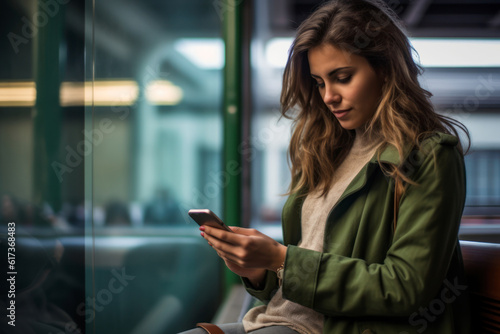 A Young woman standing on the platform of a train station consulting the mobile phone. AI Generative