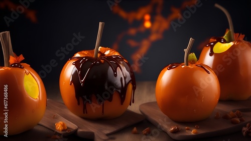 aramel apples in a scary Halloween background ,halloween table. photo