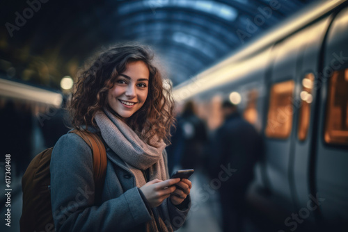 A Young woman standing on the platform of a train station consulting the mobile phone. AI Generative