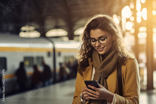 A Young woman standing on the platform of a train station consulting the mobile phone. AI Generative