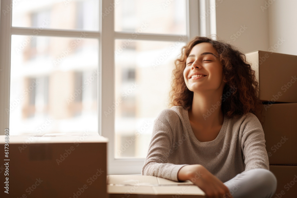 A Woman Moving Into New Home And Unpacking Boxes. AI Generative A Woman Moving Into New Home And Unpacking Boxes. AI Generative