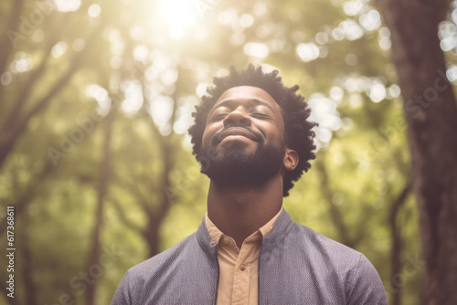 Happy young man breathing deep with a green forest in the background. AI Generative