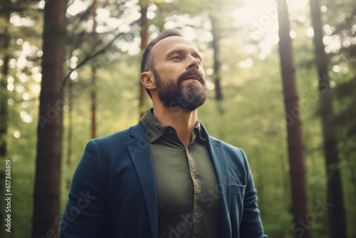 Happy young man breathing deep with a green forest in the background. AI Generative