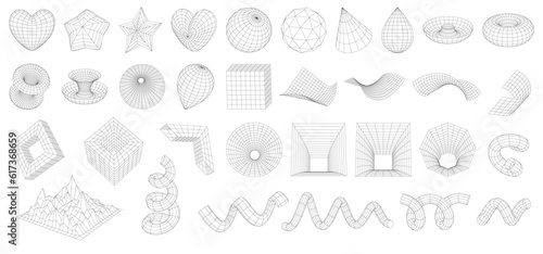 Set of Abstract wireframe 3D geometric shapes. Mesh grids. Cube, drop, spiral, mountain landscape, star, heart, distorted planes, funnel. Graphic design elements isolated on white. Editable strokes.