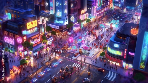 A high-angle view of a vibrant city street colorful lights, Generative AI.