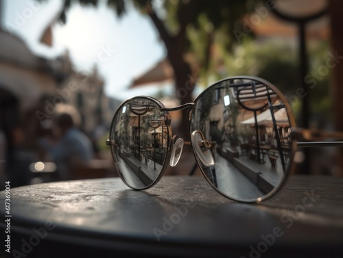 Classic round shaped glasses with diopters on a wooden table in a street cafe on a blurred background of the street. Generative AI  © Margo_Alexa