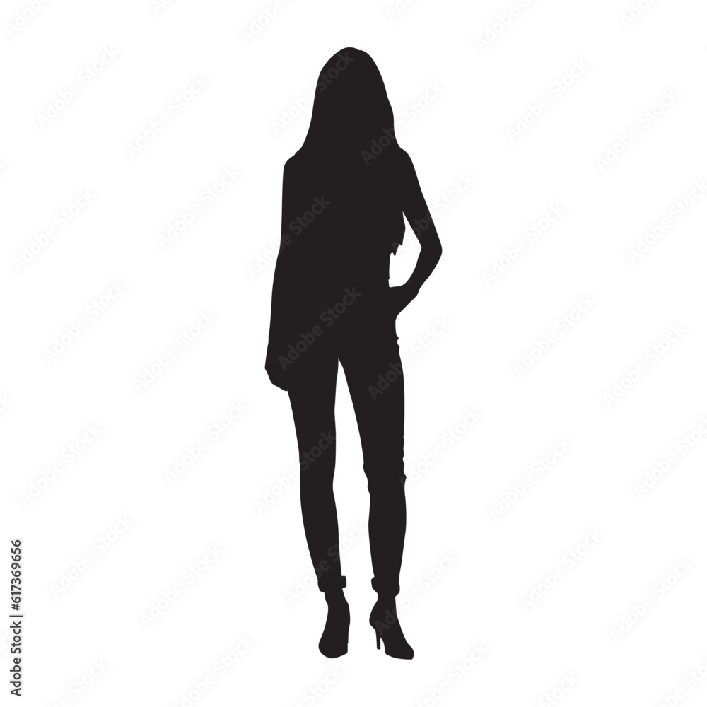 Young woman standing, isolated vector silhouette, front view Young woman standing, isolated vector silhouette, front view