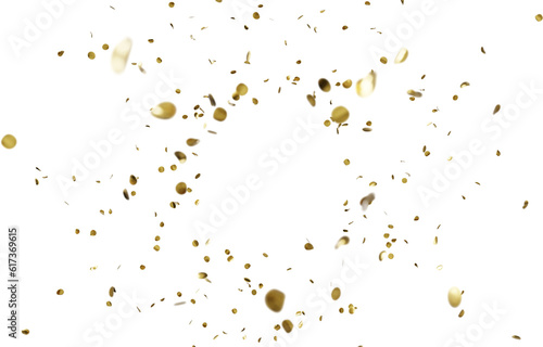 Realistic golden 3D confetti randomly falling on a transparent background. Graphic resource for party and holiday design.