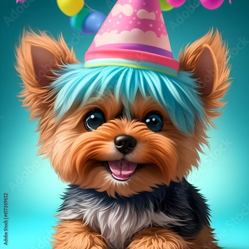 super cute yorkshire puppy dog ​​​​with birthday Generative AI (ID: 617369632)