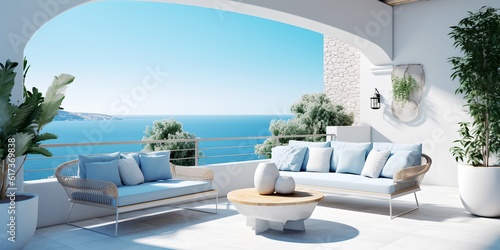 White terrace with a view of the ocean, generative ai © progressman