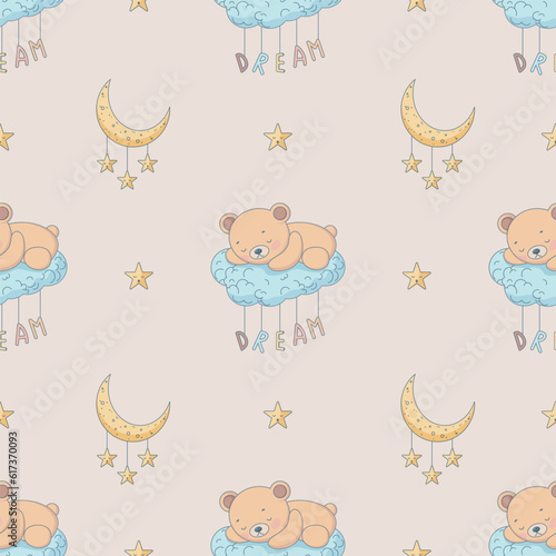 Seamless pattern teddy bear sleeps on a cloud, moon and stars. Baby Colorful Wallpaper. Great for Baby Pajamas or Bedding.