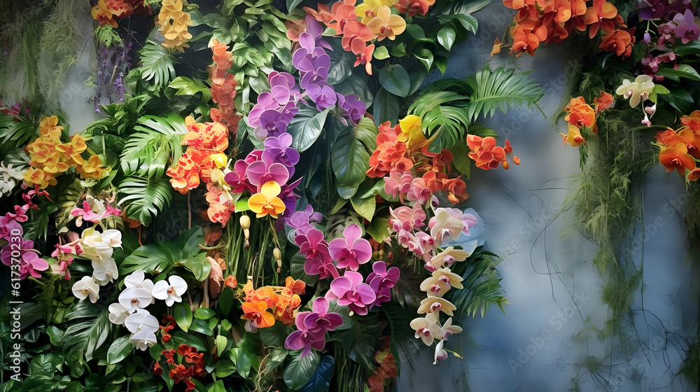Fototapeta premium TExotic orchids wall, variety of colors, magenta, yellow,pink, white with green leavesGenerative Ai