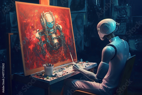 Fototapeta Human-shaped robot sits at an easel in art studio, painting a self portrait on canvas