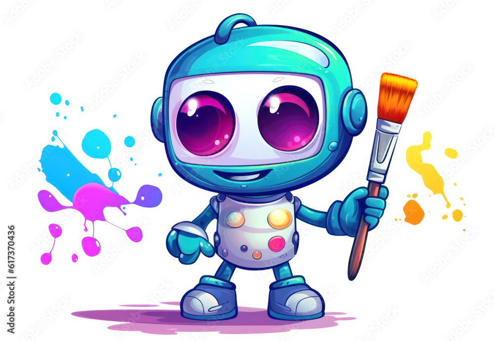 Playful little robot artist with a paintbrush standing full body isolated on white, cartoon illustration Playful little robot artist with a paintbrush standing full body isolated on white, cartoon illustration