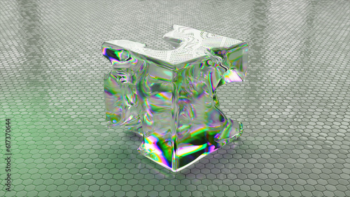Liquid crystal square changes shape, disappears and reappears on a light abstract background. Tiles in the background. photo