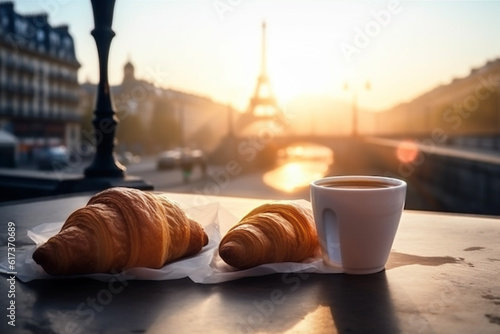 cup breakfast bar croissant table french paris drink france food. Generative AI.