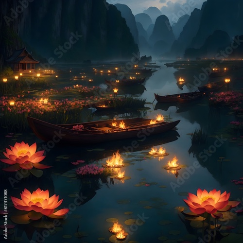 Pond with lotus flowers Generative AI (ID: 617371088)