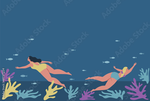 Fototapeta Naklejka Na Ścianę i Meble -  Summer underwater background with sea life, plants, fishes, swimming woman. Sea bottom. Vector illustration