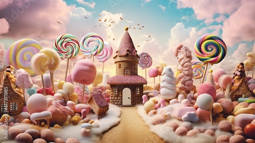 Gingerbread fantasy house. Colorful dreamlike sweet world with lollies. Fantasy landscape with castle in a candy world. Generative AI illustration for cover, postcard, interior design or print.