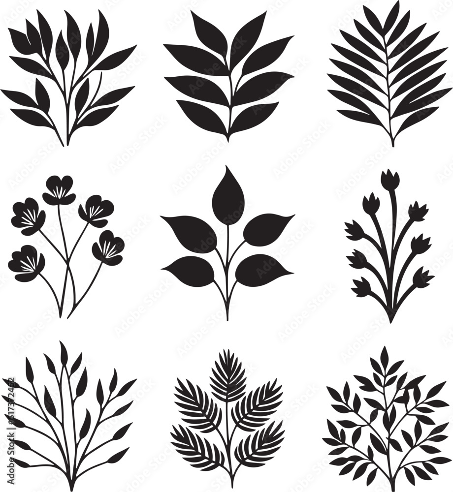 Set of black and white hand painted vector plants