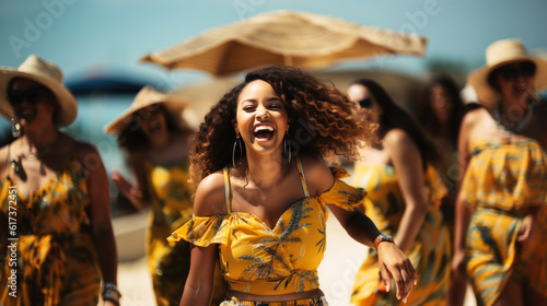 Group of happy african american young women dancing on beach. Hen party in yellow dresses. Generative AI.