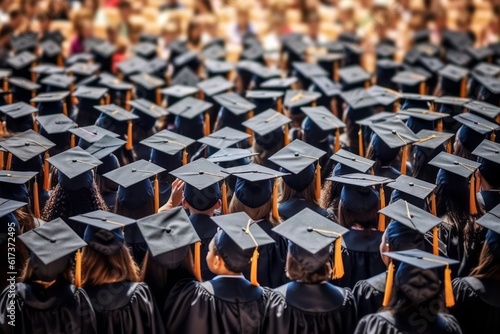 An inspiring image of students wearing graduation caps and gowns, looking towards the future with hope and determination, symbolizing the ultimate goal of education. Generative Ai
