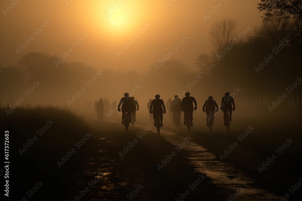 A cyclists races at sunset in difficult cross-country conditions . Generative AI