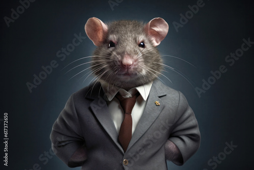 Important looking rat boss in business suit, corporate portrait over dark background
