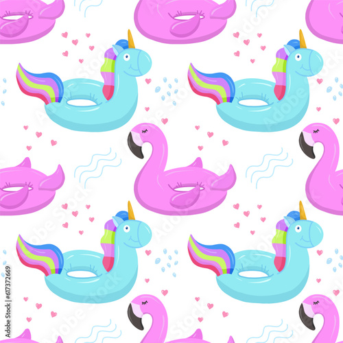 Inflatable swimming circle with a blue unicorn, flamingo. Inflatable rubber toys for water and beach. Seamless vector pattern on summer and marine themes.