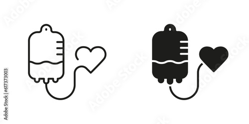 Blood Transfusion Line and Silhouette Black Icon Set. Intravenous Bag for Plasma Donation Sign. Emergency Medicine Symbol Collection. Medical Iv Drip Pictogram. Isolated Vector Illustration