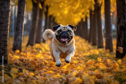 The pug dog run in atumn park. Generative ai image.