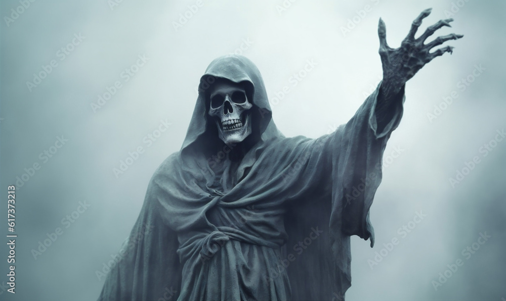 ghost halloween fear skeleton hood night horror death creepy evil. Generative AI.