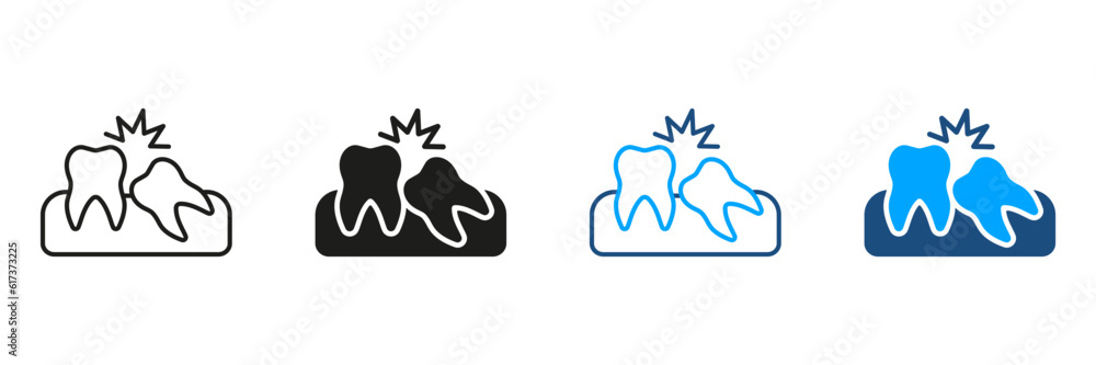 Obraz premium Wisdom Tooth Disease Symbol Collection. Crooked Teeth Silhouette and Line Icons Set. Oral Care, Malocclusion Medical Problem Pictogram. Dental Treatment, Dentistry Sign. Isolated Vector Illustration