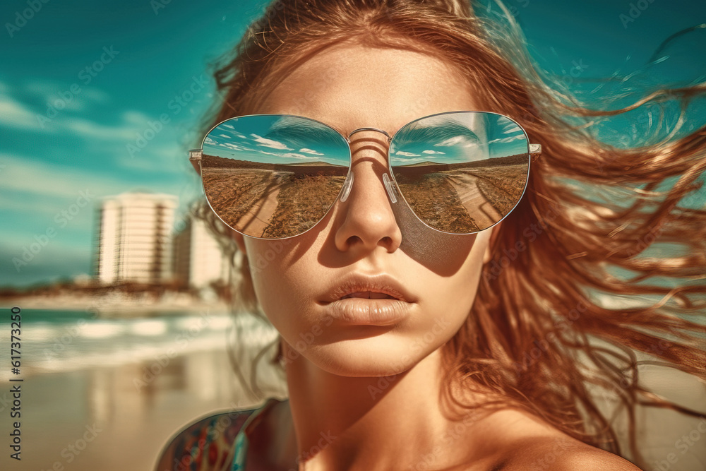 Portrait of woman with sunglasses at summer enjoy vacation. Generative ai image Portrait of woman with sunglasses at summer enjoy vacation. Generative ai image
