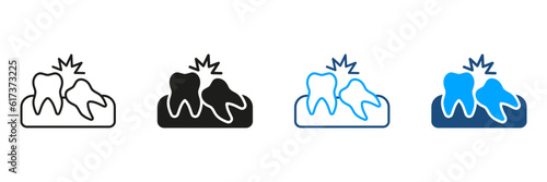 Wisdom Tooth Disease Symbol Collection. Crooked Teeth Silhouette and Line Icons Set. Oral Care, Malocclusion Medical Problem Pictogram. Dental Treatment, Dentistry Sign. Isolated Vector Illustration