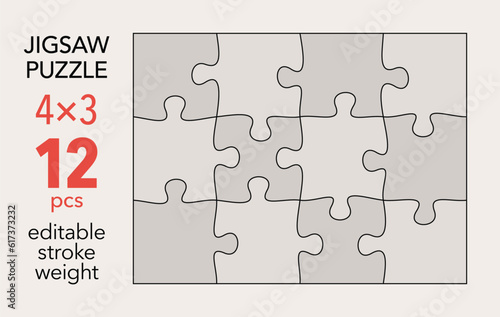 Empty jigsaw puzzle grid template, 4x3 shapes, 12 pieces. Separate matching puzzle elements. Flat vector illustration layout, every piece is a single shape